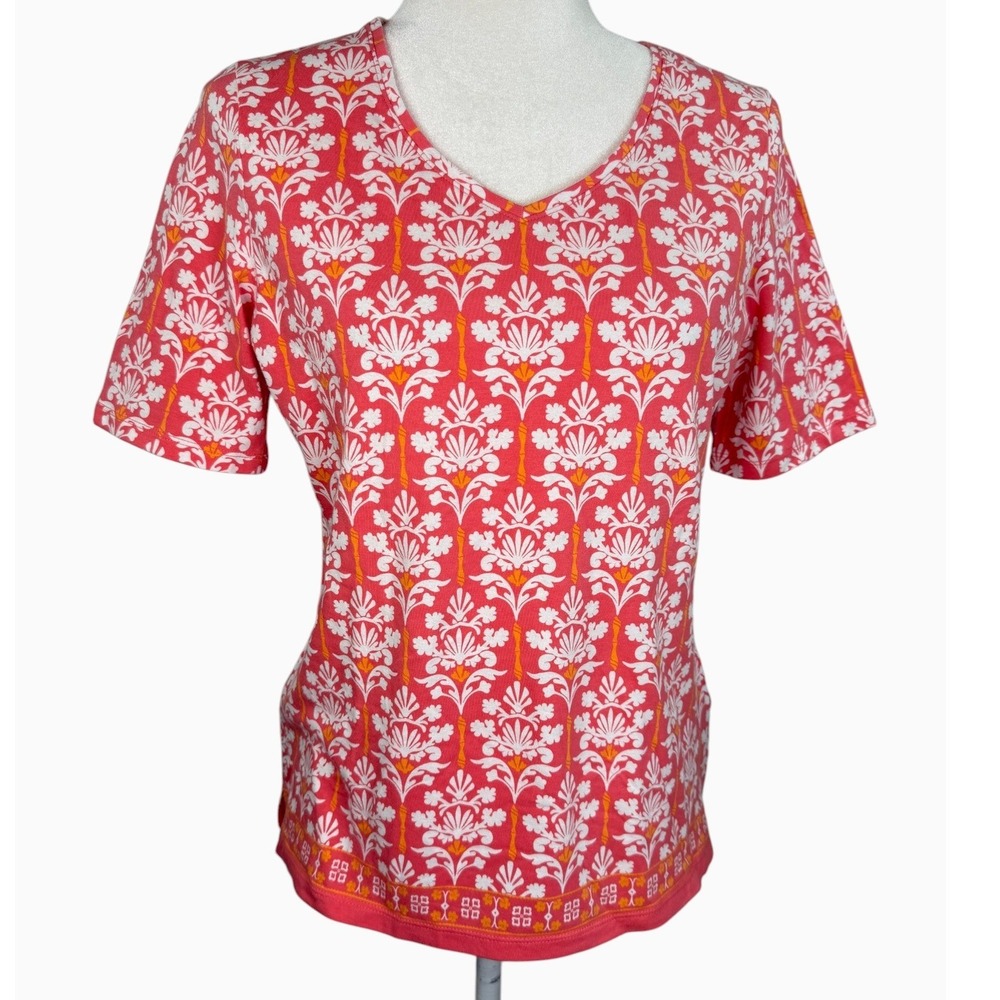 Talbots Tee MP Coral White Floral V-Neck Short Sleeve Cotton Stretch Top